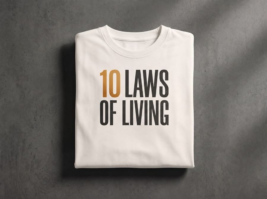 Cream t-shirt with bold text reading 10 Laws of Living